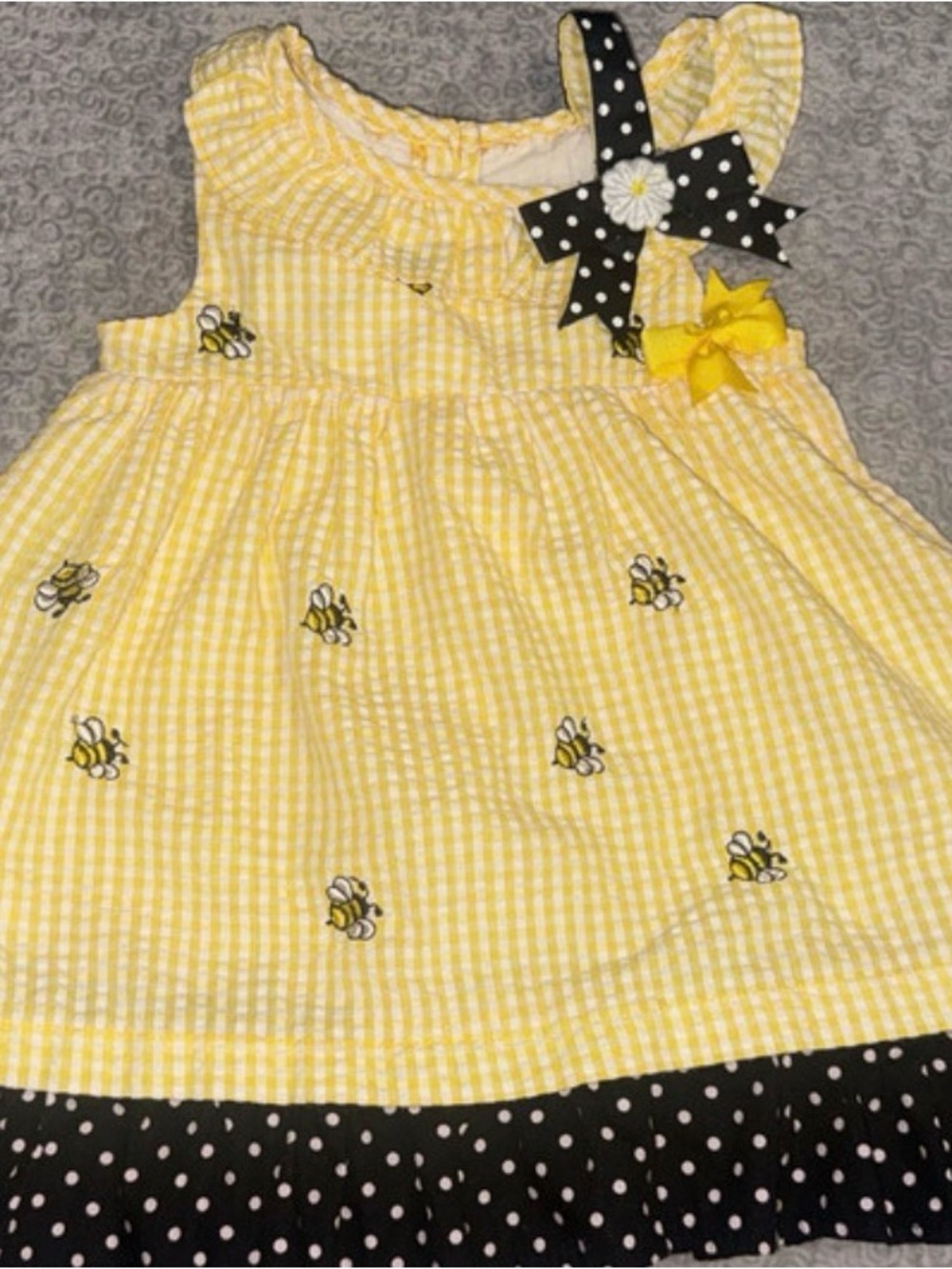 Rare Editions Girls Yellow Bee Embroidered Sundress with Polka Dot Trim